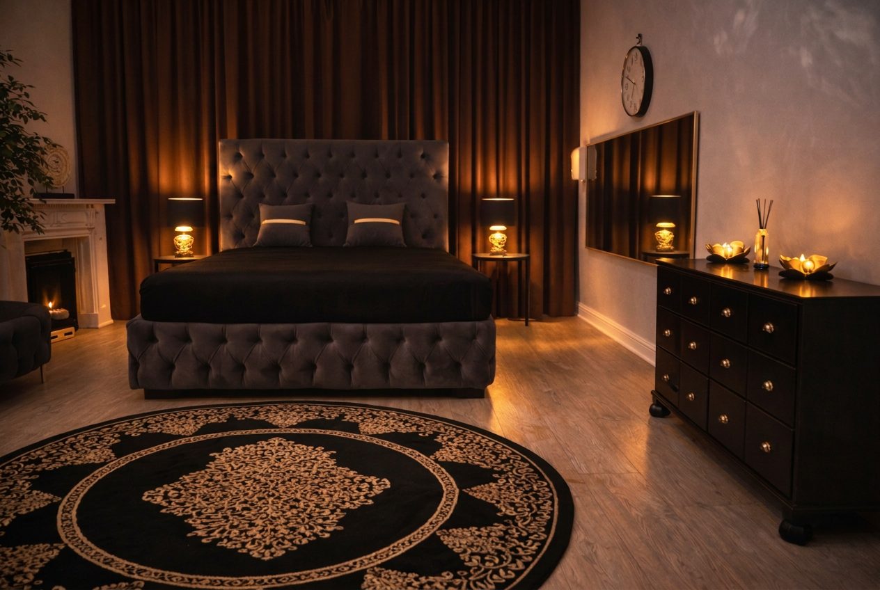 Ameliya Massagestudio Berlin-Wilmersdorf - Behandlungsraum mit Samtbett, Kamin und warmer Beleuchtung