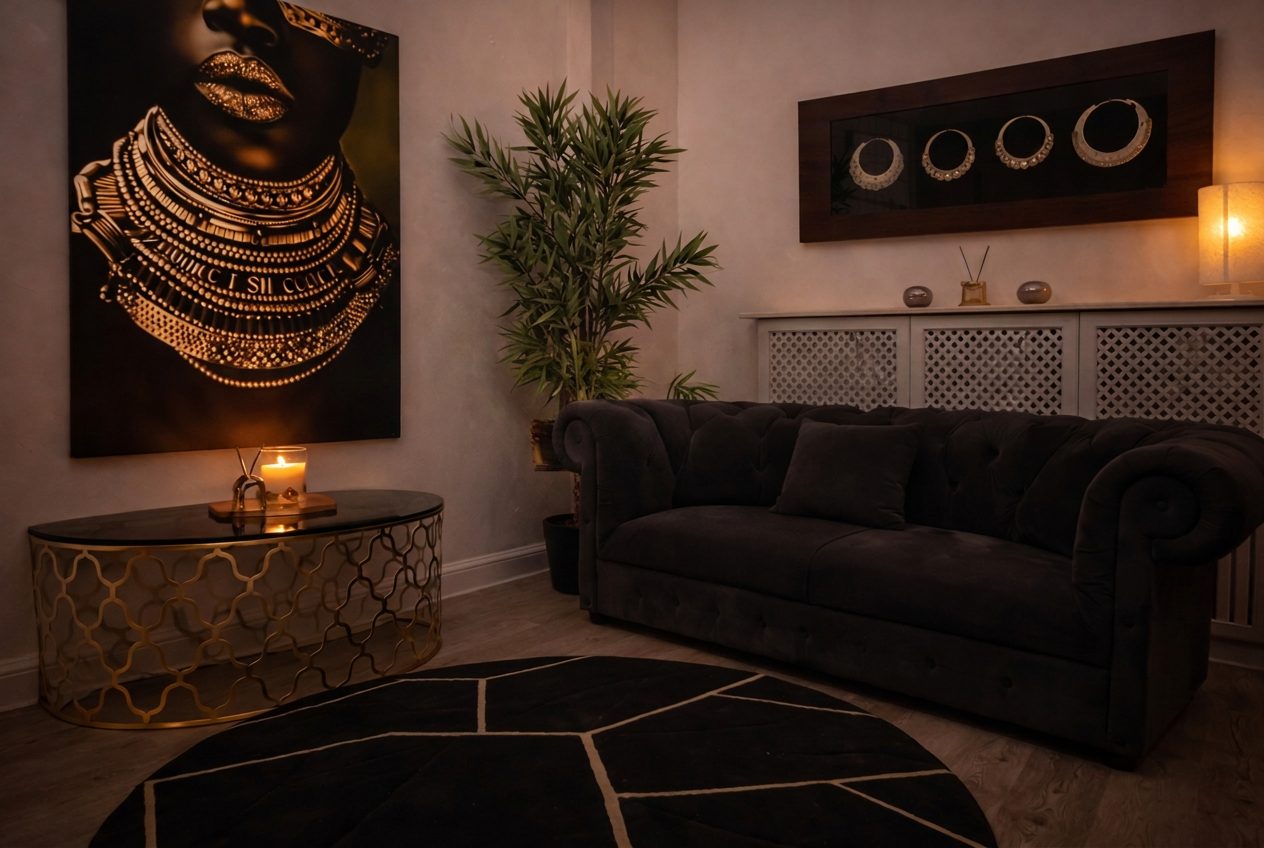 Ameliya Massagestudio Berlin-Wilmersdorf - Behandlungsraum mit Chesterfield-Sofa und goldenen Akzenten