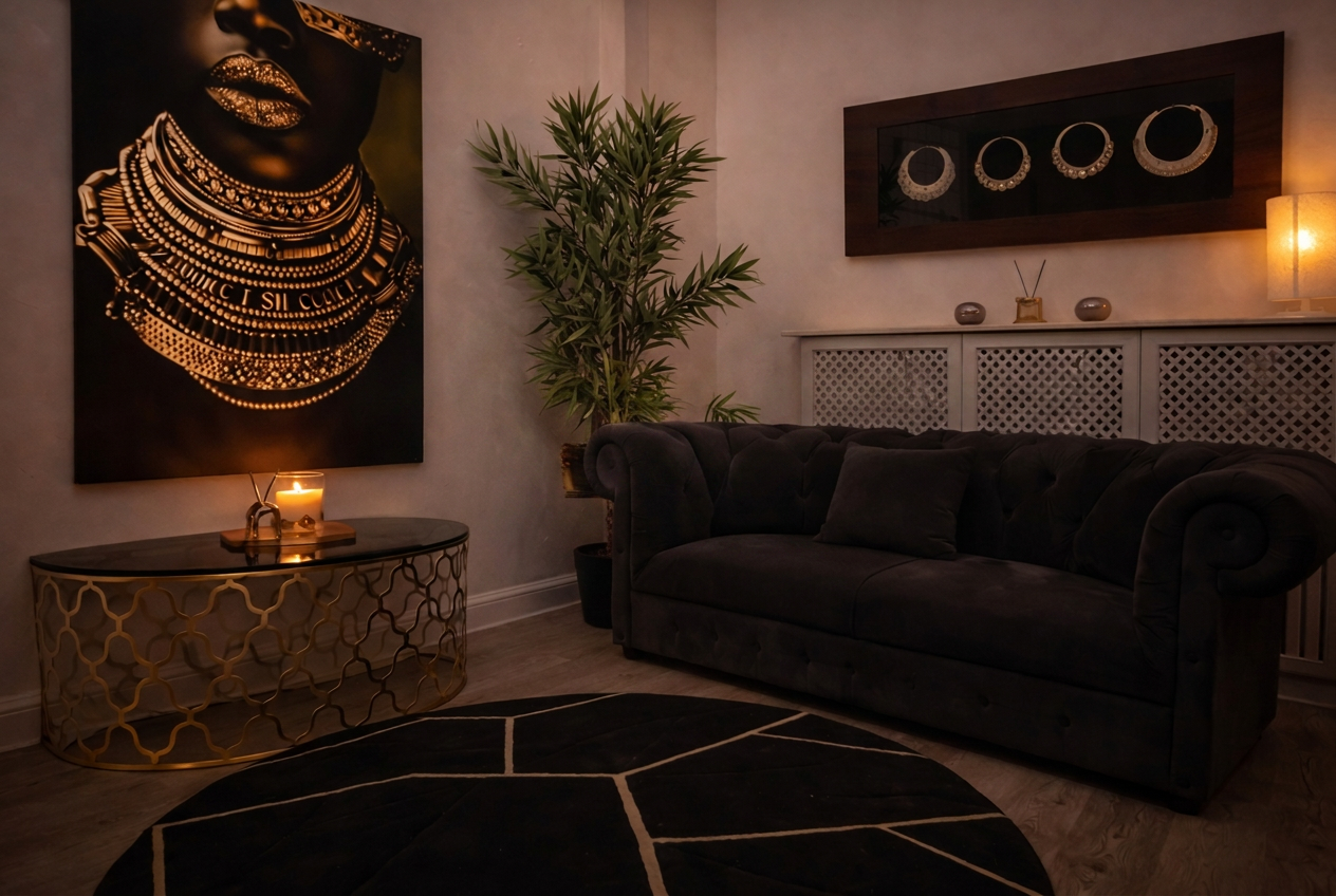 Ameliya Massagestudio Berlin-Wilmersdorf - Lounge mit Chesterfield-Sofa und goldenen Akzenten