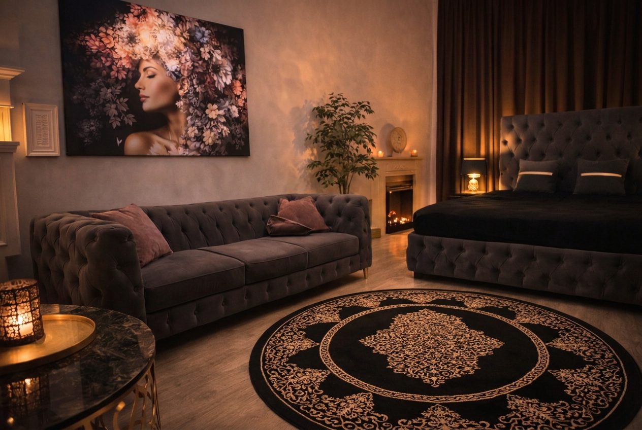 Ameliya Massagestudio Berlin-Wilmersdorf - Behandlungsraum mit Kunstwerk, Kamin und rundem Teppich