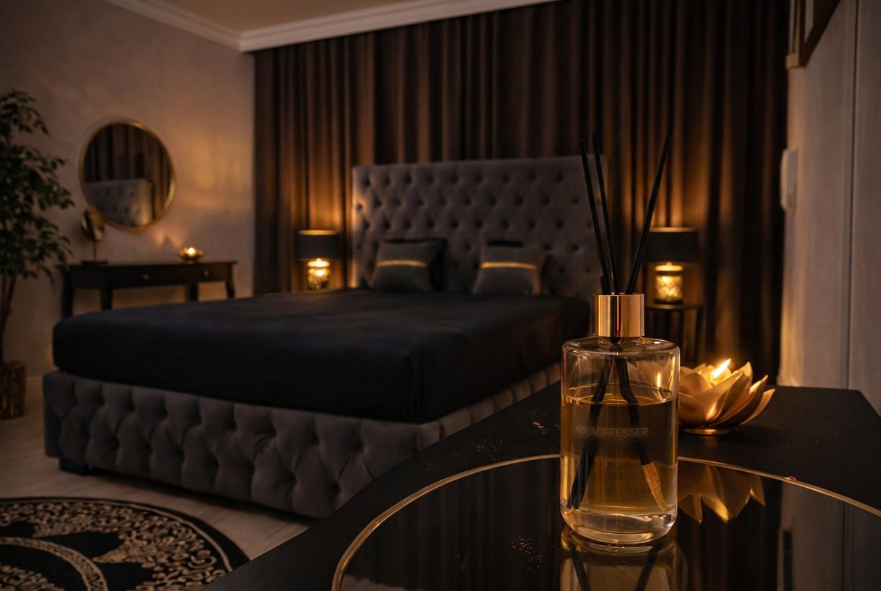 Ameliya Massagestudio Berlin-Wilmersdorf - Behandlungsraum mit Samtbett und Duftdiffusor