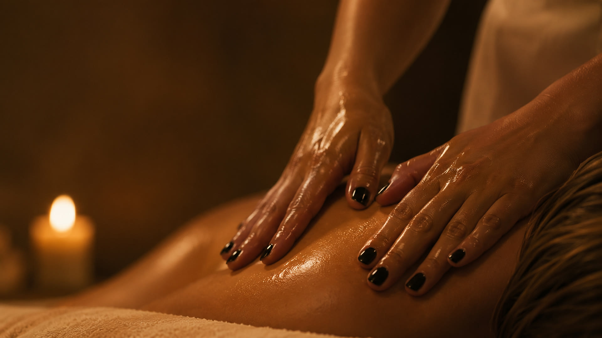 Nahaufnahme geölter Hände mit schwarzem Nagellack bei einer Rückenmassage im Ameliya Massage Studio Berlin-Wilmersdorf