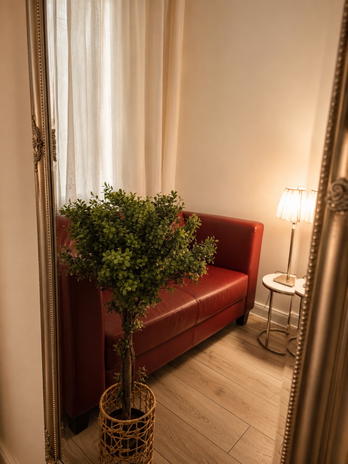 Ameliya Massagestudio Berlin-Wilmersdorf - Wartebereich mit rotem Ledersofa, goldgerahmtem Spiegel und warmer Beleuchtung